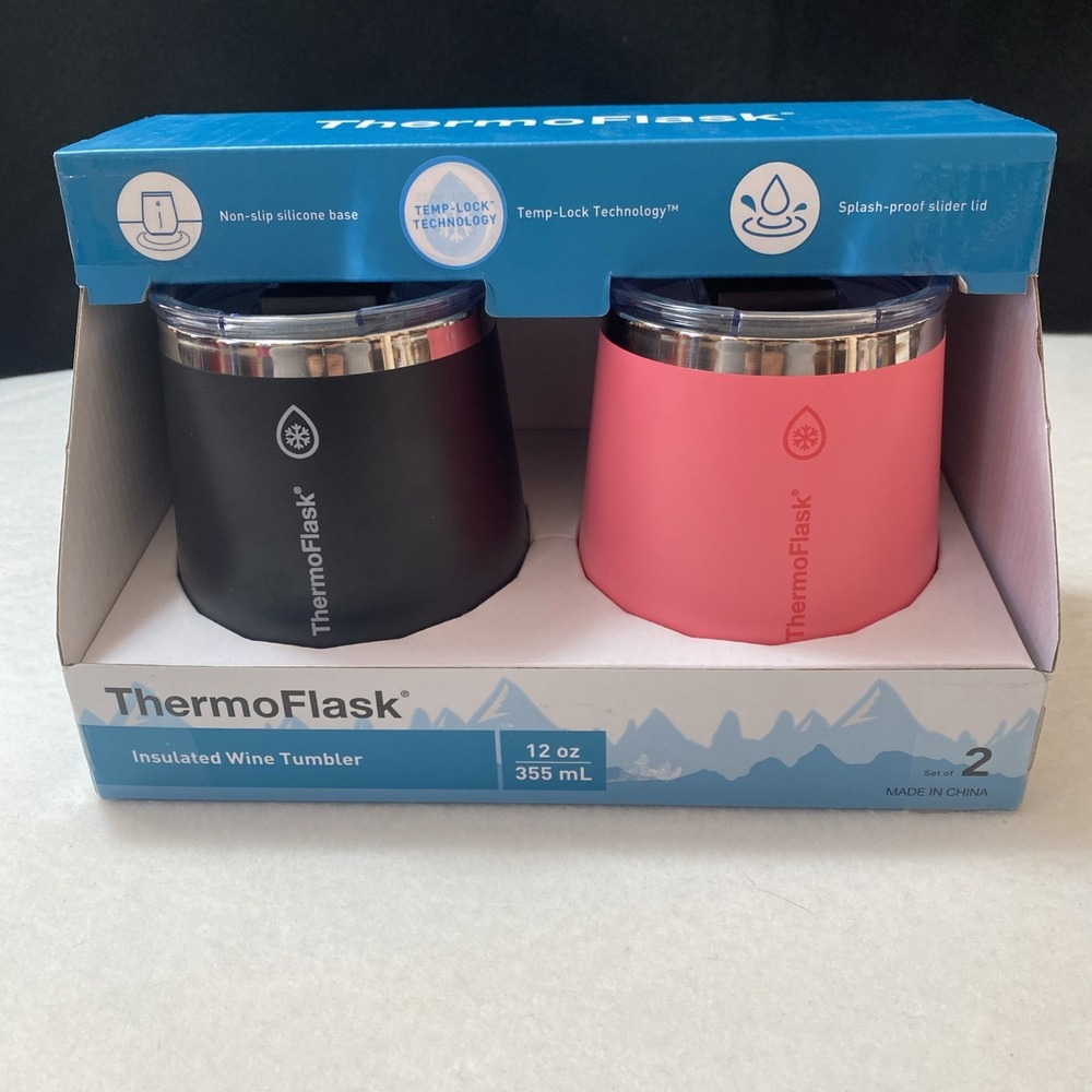 ThermoFlask Insulated Wine Tumbler 12oz Pink Black 2 Pack Cup Mug Lid NEW